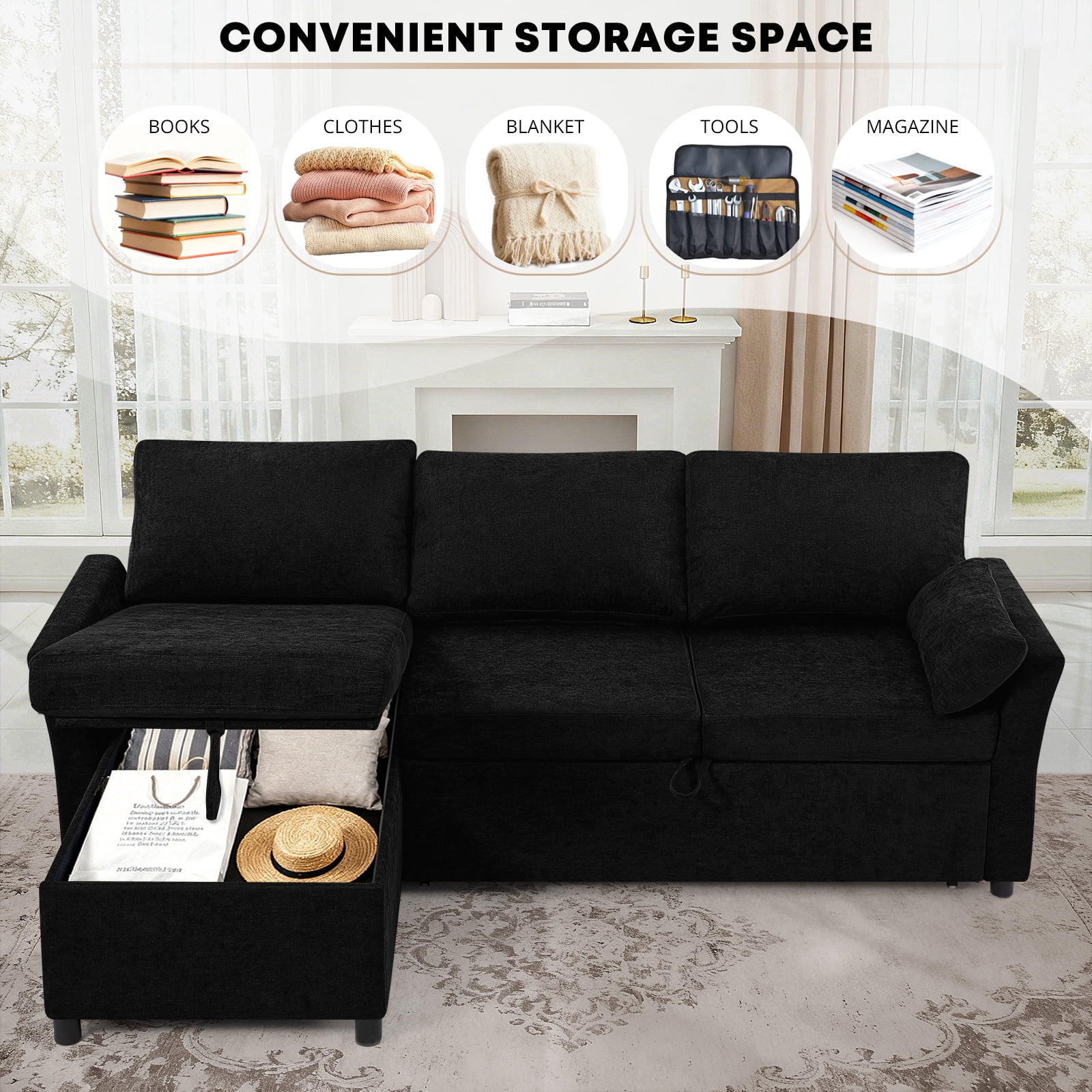 ACMEASE 83 Inches Fabric Sectional Sofa with Pull Out Sofa Bed, Modern L Shaped Sofa with Throw Pillows, Comfortable Sleeper Couch with Storage Chaise for Living Room, Black