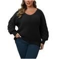 thumbnail image 2 of Qulqfy V Neck Sweaters Women Plus Size Black Cable Knit Slouchy Pullover Long Sleeve Shirts Fall Sweaters for Women L, 2 of 5