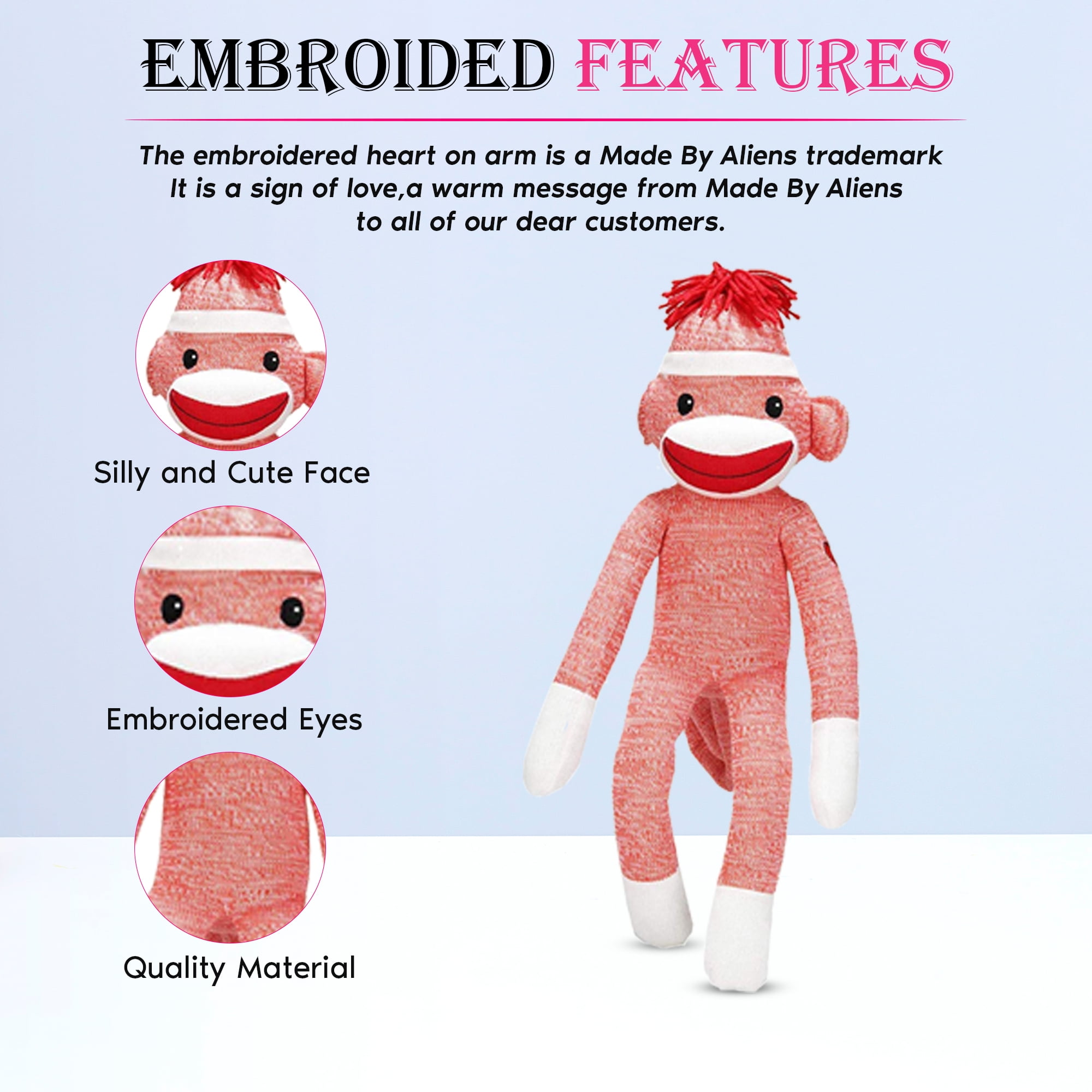 Made by Aliens Adorable Orange Sock Monkey, The Original Traditional Hand Knitted Stuffed Animal Toy Gift-for Kids, Babies, Teens, Girls and Boys Baby Doll Present Puppet 20 Inches