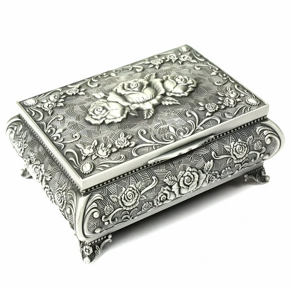 LAMIRO Antique Metal Jewelry Box for Storage - Floral Vintage Jewelry Box for Necklaces & Rings - Silver Trinket Box with Authentic Treasure Chest Design for Women