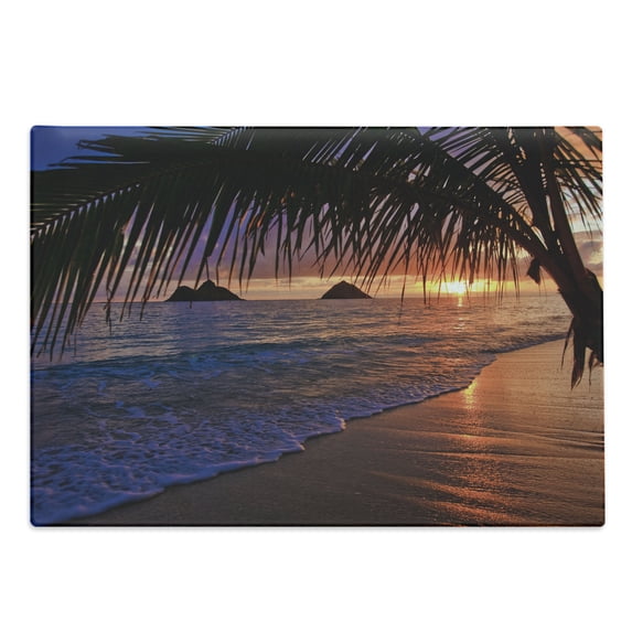 Hawaiian Cutting Board, Pacific Sunrise at Lanikai Beach Hawaii Sandy Tropics Hills Leaves Landmark, Decorative Tempered Glass Cutting and Serving Board, Large Size, Purple Umber, by Ambesonne