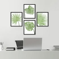 PixonSign Framed Wall Art Pastel Green Tropical Jungle Palm Leaf Prints, Set of 4 Nature Wildernes Paintings, Minimalism Wall Décor, Adhesive Canvas Poster for Home Decor -