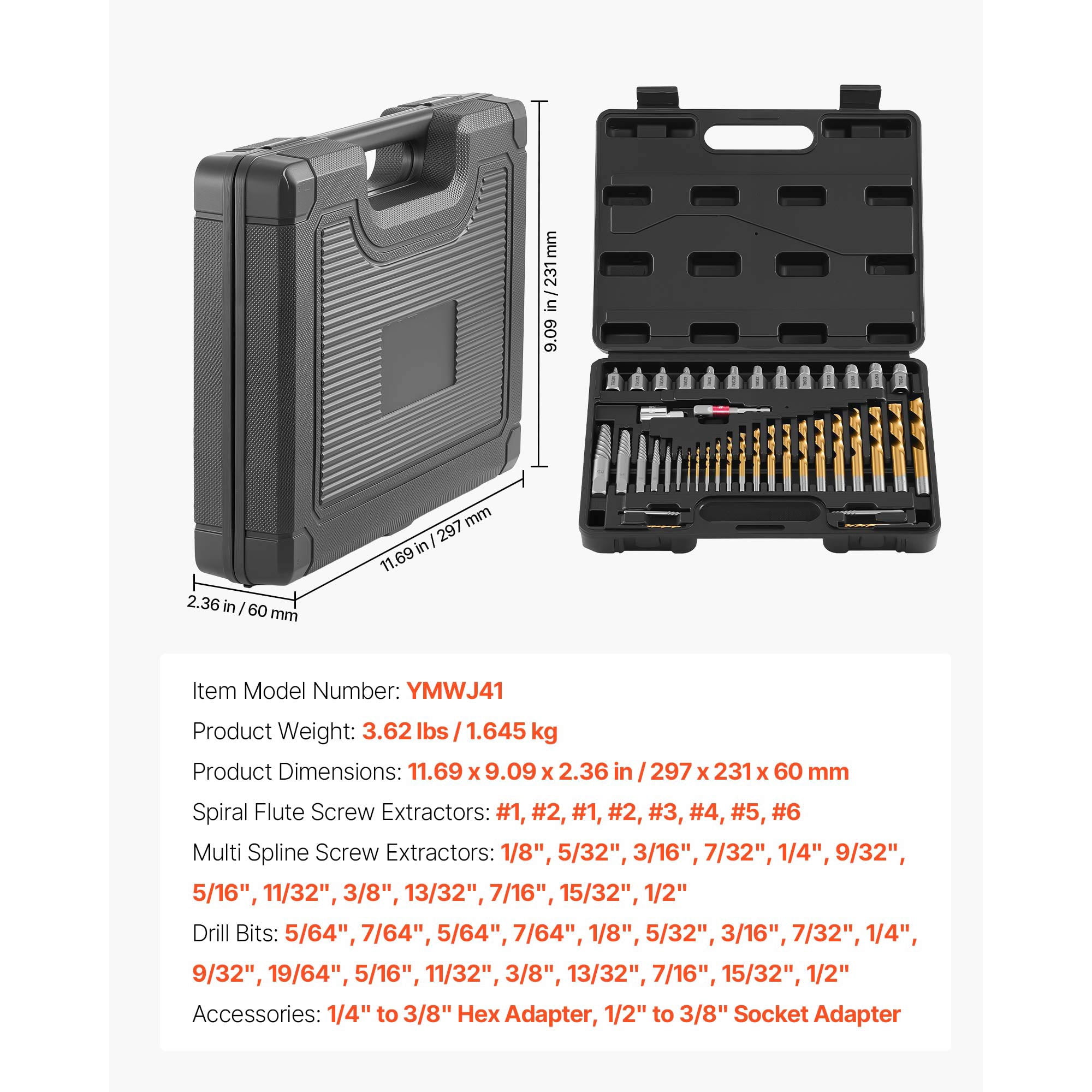 KFFKFF 41-Piece Screw Extractor Set with Drill Bits, Includes Bolt Extractors, Drill Bits, Adapters, Durable Storage Case, Cr-Mo Steel for Removing Damaged, Rounded, or Stripped Bolts and Screws