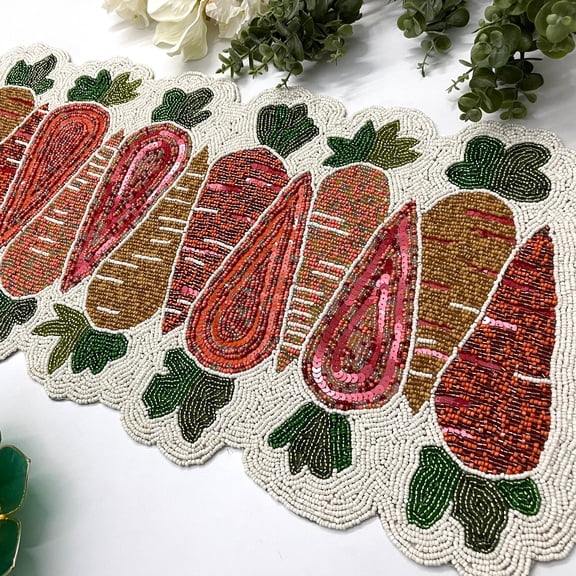 Handmade bead table runner and placemat, carrot design beaded runner for Easter