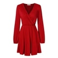 thumbnail image 2 of Furvclv Women Long Puff Sleeve Mini Dress Deep V Neck Solid A-Line Party Casual Dress, 2 of 9