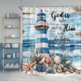 thumbnail image 5 of Nautical Lighthouse Shower Curtain for bathroom, Blue Ocean Coastal Beach Bible Verse Scripture Shower Curtains Set, Vintage Rustic Wood Sea Starfish Seashells Fabric Decor Bathtub with Hooks,69X70IN, 5 of 6