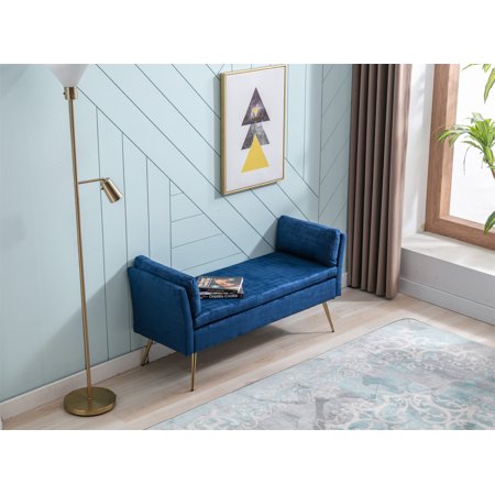 Velvet End of Bed Bench  Mid Century Upholstered Living Room Ottoman Bench with Armrest and Golden Metal Legs  Accent Shoe Bench Sofa Stool Footrest Stool for Bedroom Entryway  Navy