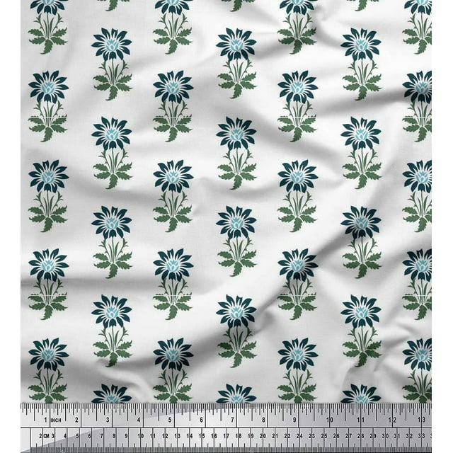 Soimoi Japan Crepe Satin Fabric Leaves & Floral Block Printed Fabric 1 Yard 42 Inch Wide