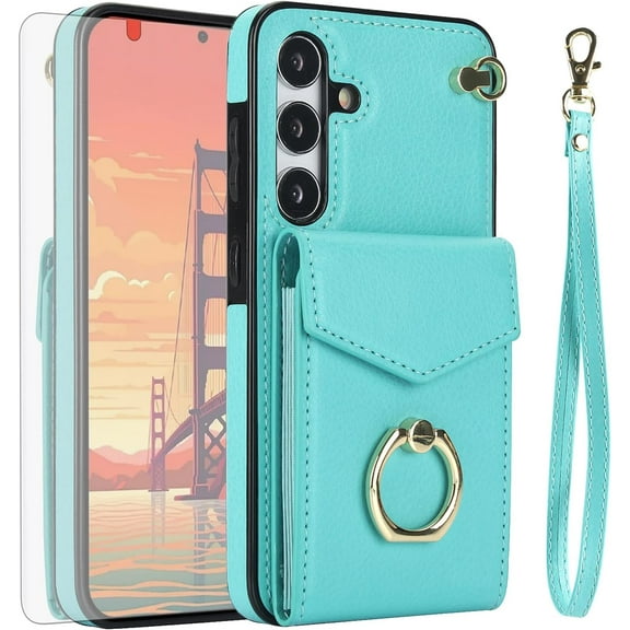 REQO Phone Case for Samsung Galaxy S24 5G Wallet Cover with Tempered Glass Screen Protector and RFID Blocking Ring Stand Credit Card Holder Leather Cell Accessories S 24 24S GS24 G5 Women Men Teal