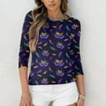 thumbnail image 5 of Mardi Gras Shirts for Women Carnival 3/4 Sleeve Holiday T Shirts Crew Neck Feathers Print Green Tunic Tops Dark Purple M, 5 of 7