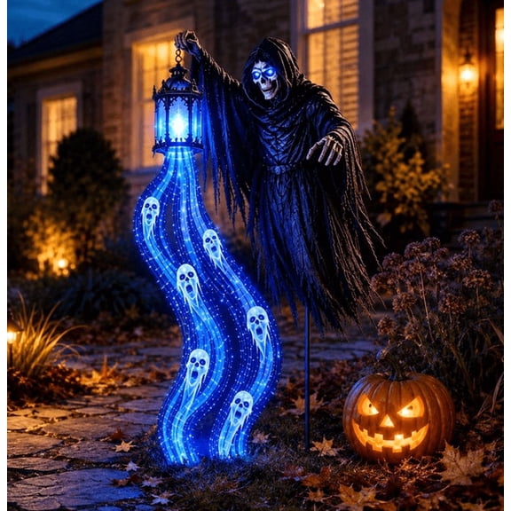 Halloween Soul Harvester Animated Solar Garden Stake Light, Glowing Reaper with Blue Ghostly Cascade Lantern for Haunted Yard and Party Decoration