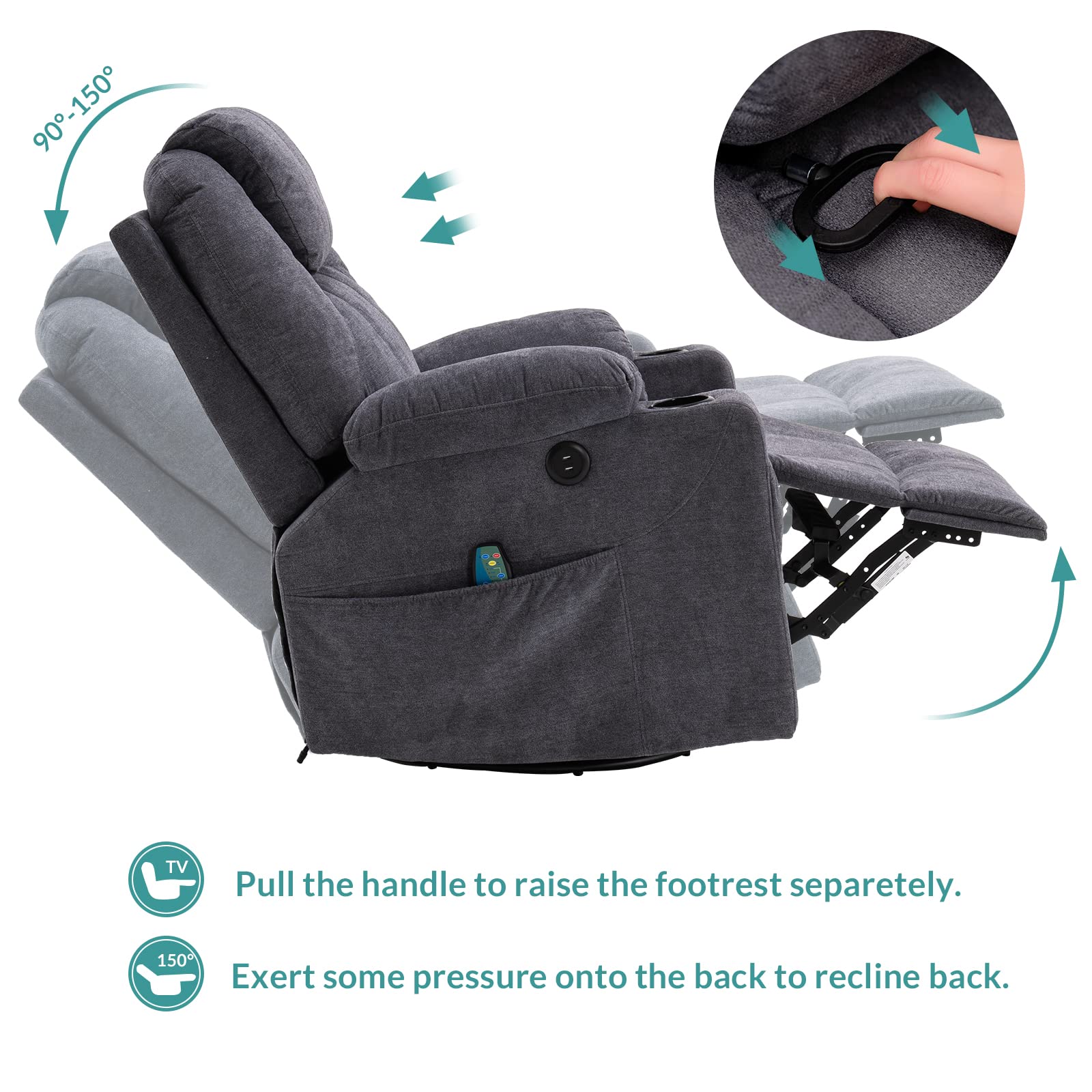 MEETWARM Massage Recliner with Heat, Swivel, Rocker, USB Ports & Cup Holders, Gray