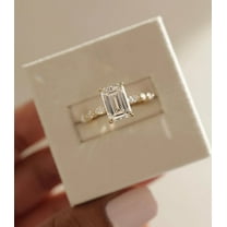 Jewelerix Emerald Cut Moissanite Engagement Ring for Women 14K Yellow Gold Vermeil Ring, Unique Side-Stone Design, Sparkling Bridal Wedding Promise Ring