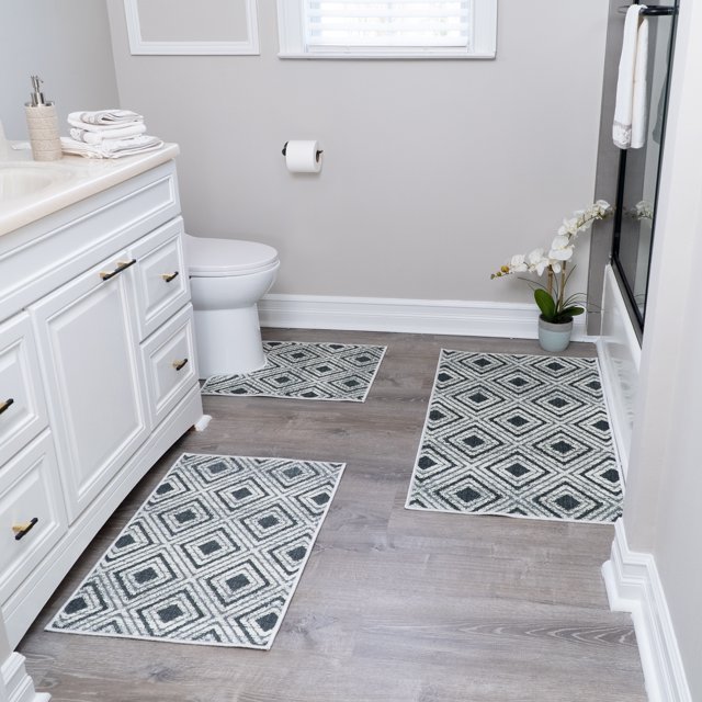 Geometric Design 3 Piece Bathroom Rugs Set - Non-Slip Ultra Thin Bath Rugs for Bathroom Floor - Washable Cotton Bathroom Mats Set