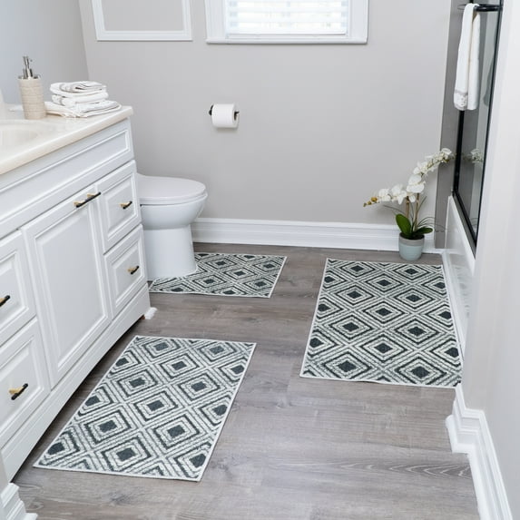 SussexHome Geometric Design 3 Piece Bathroom Rugs Set - Non-Slip Ultra Thin Bath Rugs for Bathroom Floor - Washable Cotton Bathroom Mats Set