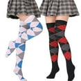 thumbnail image 3 of Women Girls Student Thigh High Socks European College Style Vintage Colorful Argyle Plaid Pattern Over Knee Stockings, 3 of 20