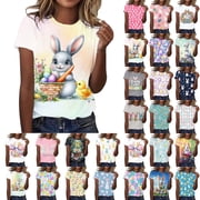 NSLGXD Womens Easter Tops Funny Print Short Sleeve Summer Holiday Tshirts Loose Fit Round Neck Graphic Tees S-2XL Light Blue Top