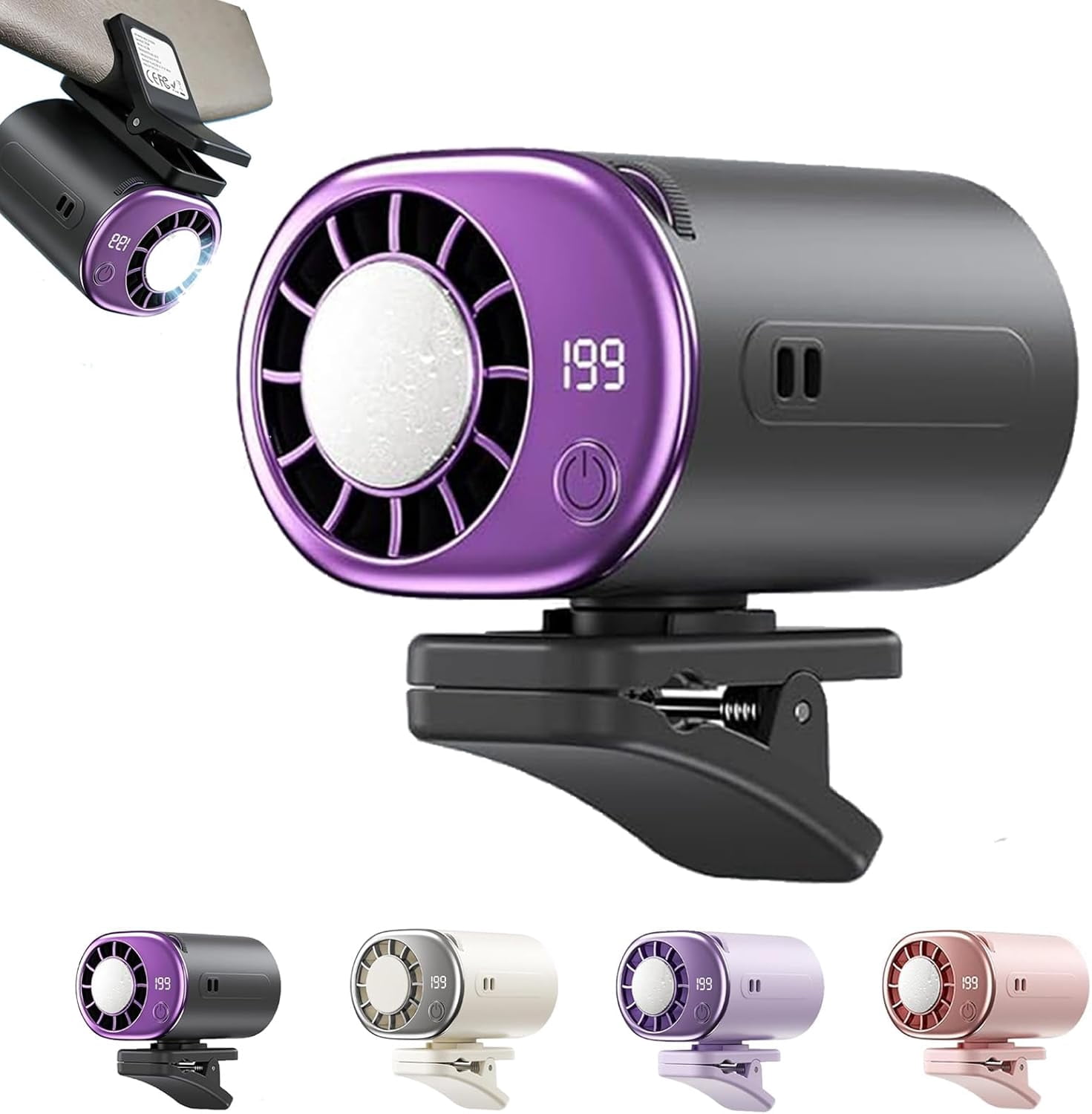 2026 Car Clip On Air Conditioner Fan with LED Display, 360° Rotation & 199 Speeds Adjustable, USB Rechargeable Personal Cooling Fan with 16℃ Semi-Cooling and Detachable Wide Clamp (Purple)