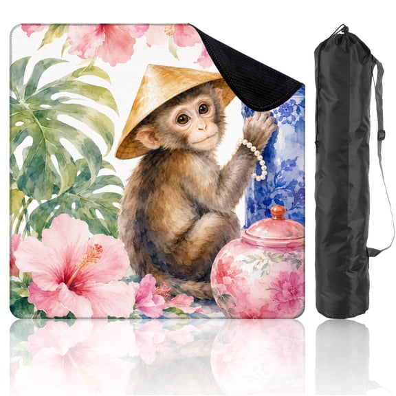 Mahjong Mat 31.5" x 31.5" Cute Monkey Straw Hat Pearls Tropical Flowers Blue Porcelain Non-Slip Noise Reduction Mahjong Accessories Gifts for Board and Tile Games