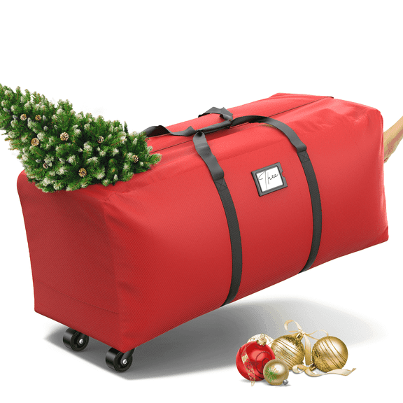 Rolling Christmas Tree Storage Bag, Waterproof Anti-Tear Heavy-Duty 600D Oxford Cloth Ornament, 9ft Christmas Tree Storage Box with Rolling Wheels, Red