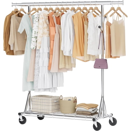 Hoctieon One-Minute Assembly Clothes Rack, Foldable Rolling Clothing Racks with Wheels, Commercial Garment Rack, Heavy Duty, Extendable Hanging Bar, Adjustable Metal Pole with Hooks, Chrome