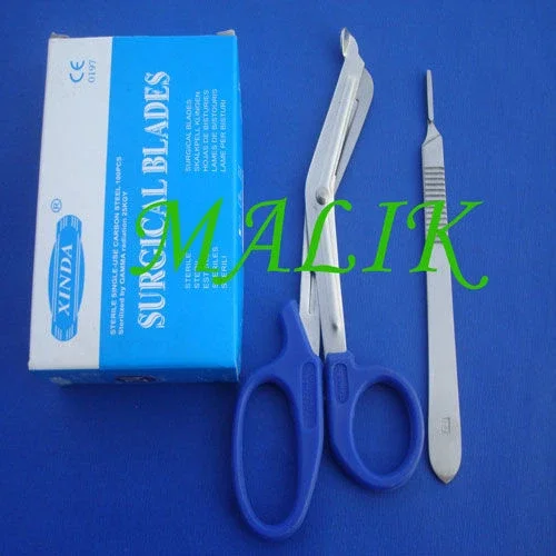 1 Scalpel Handle #3  100 Blades #15   Blue Color Emt Scissors 5.5"
