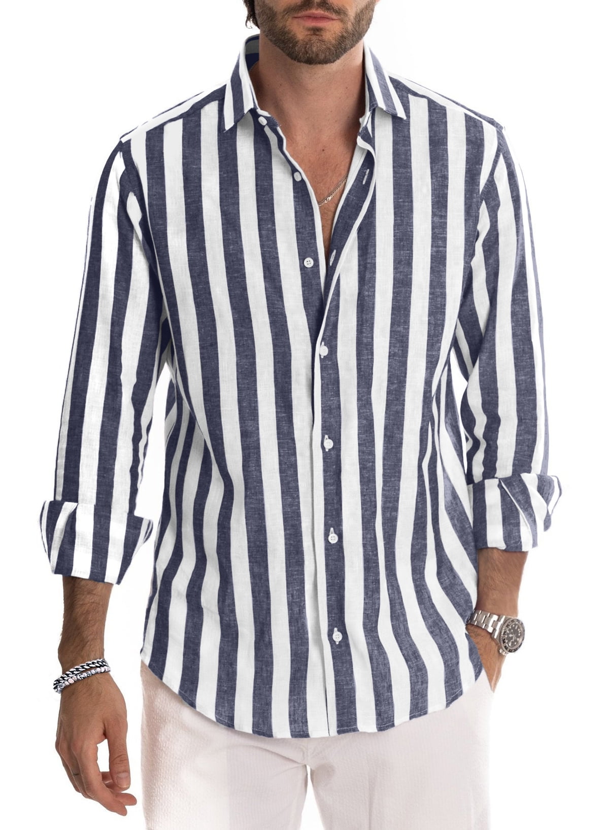 Chase Secret Men's Shirts Long Sleeve Button Down Striped Casual Linen ...