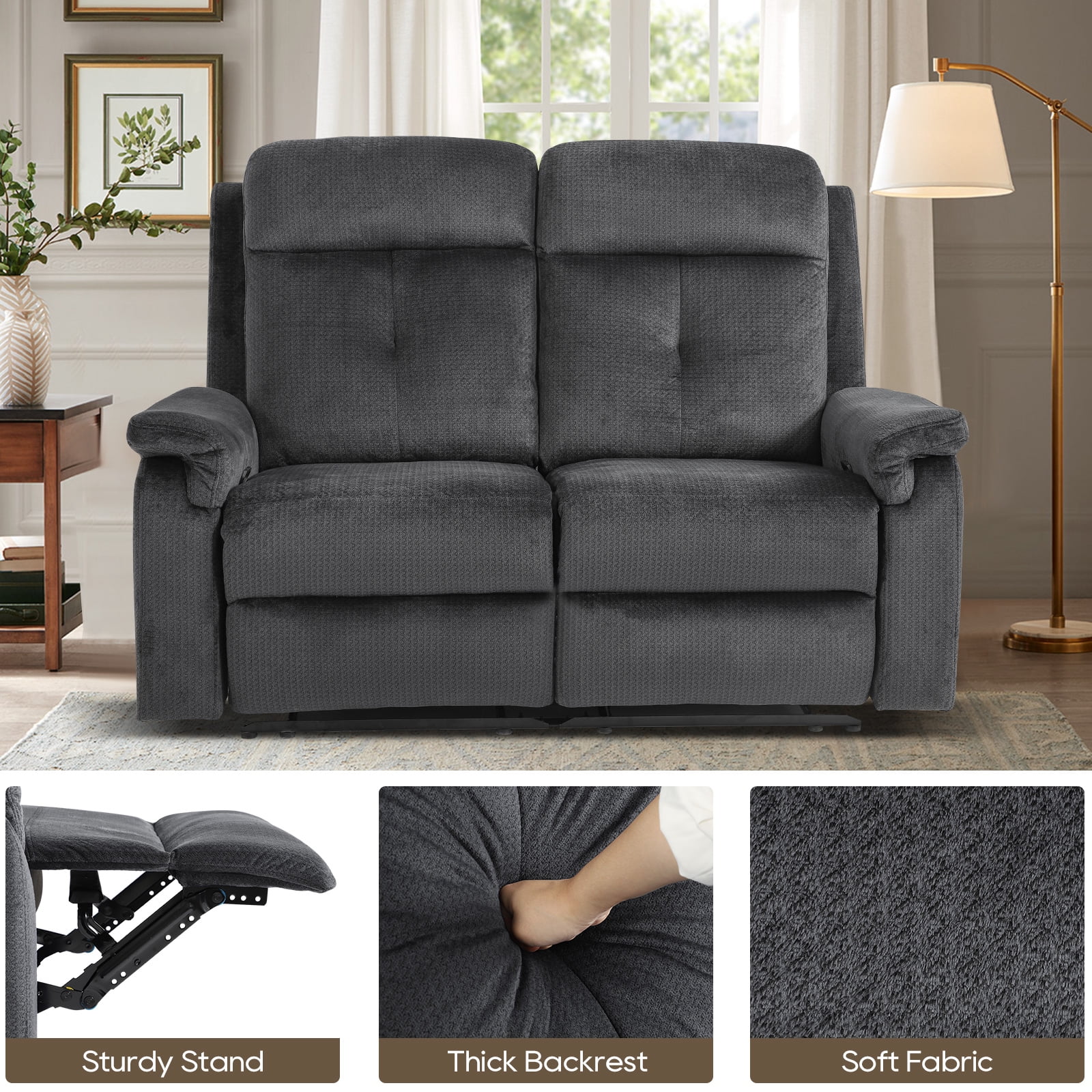 Fabric Loveseat Recliner Sofa with Heat and Massage, Wall Hugger Loveseat Recliner with Side Pocket, Reclining Loveseat for Living Room, Home Theater, RV