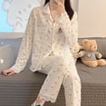 thumbnail image 1 of Pijama de encaje Simple para Mujer, conjunto de pantalones de cárdigan de manga larga con solapa, ropa de casa para estudiantes, novedad, 1 of 4