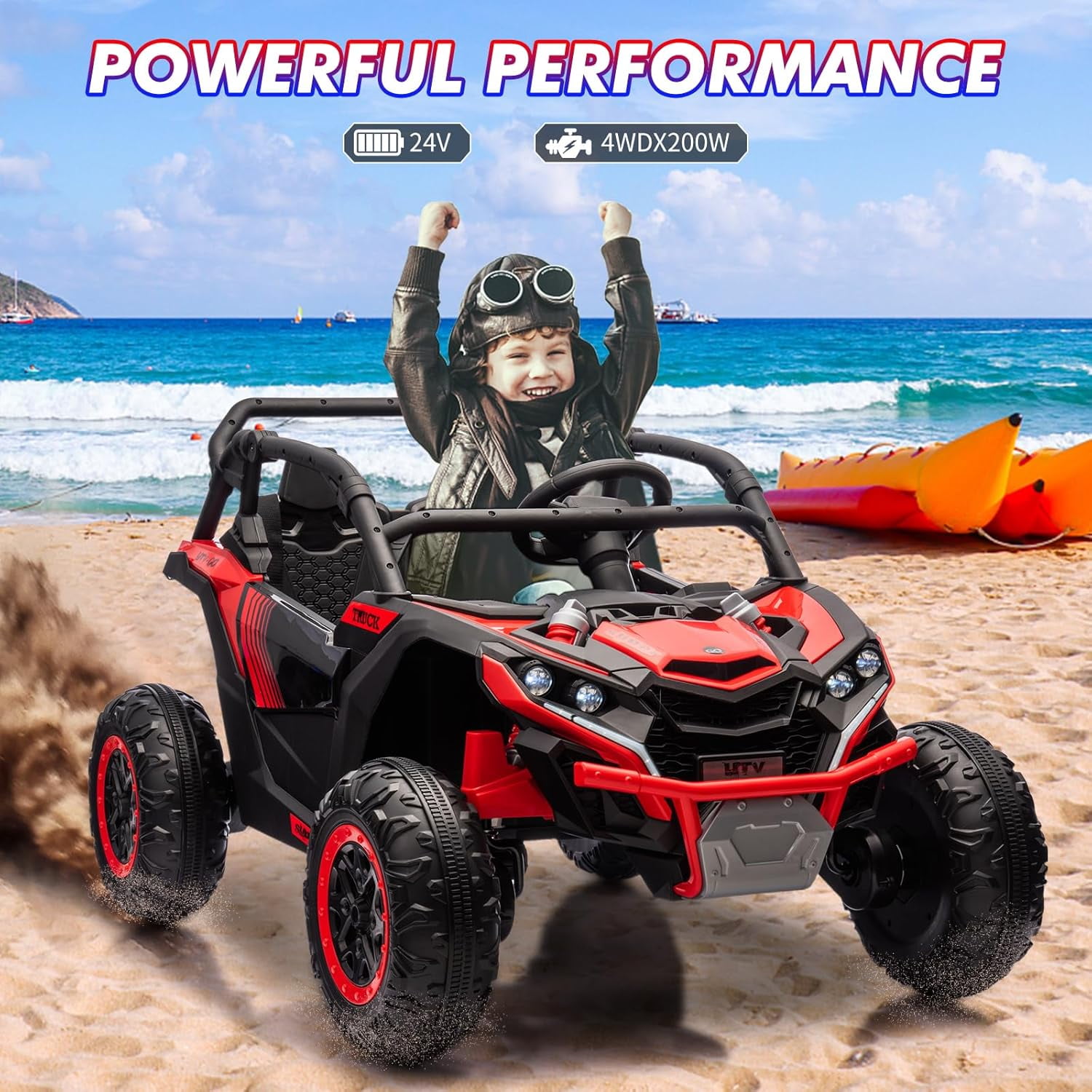 2 Seater Ride On Car for Kids, 24V 4WD Electric Utv with Remote Control, Battery Powered Electric Off-Road Utv Toy with Led Lights and Music for Boys Girls 3+