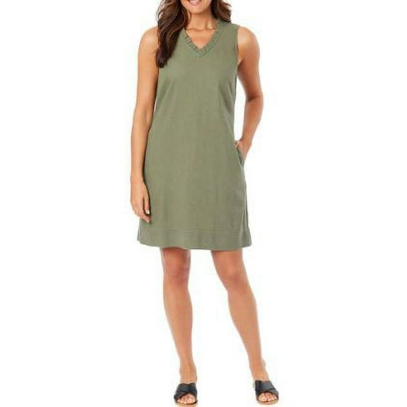 Briggs Ladies' Ruffle V-Neck Linen Blend Dress, Green XS