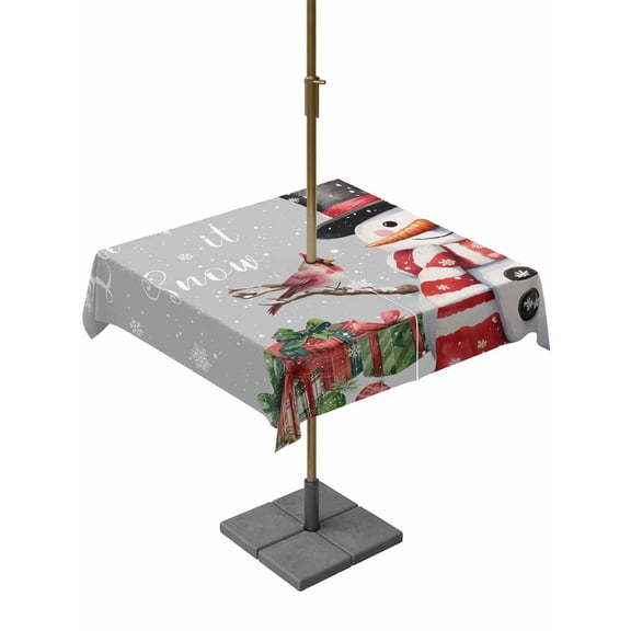 Outdoor Tablecloth with Umbrella Hole and Zipper, Grey Snowman Christmas Square Table Cloth 54x54 Inch Waterproof Tablecloth, Winter Snowflake Xmas Gifts Picnic Table Cover for Patio Camping