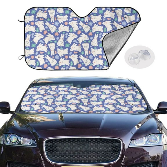 Picia Cute White Rabbit Curved Windshield Sunshade Accordion Folding Style Auto Shade for Car Truck SUV Van Blocks UV Ray Sun Visor Protector -Small