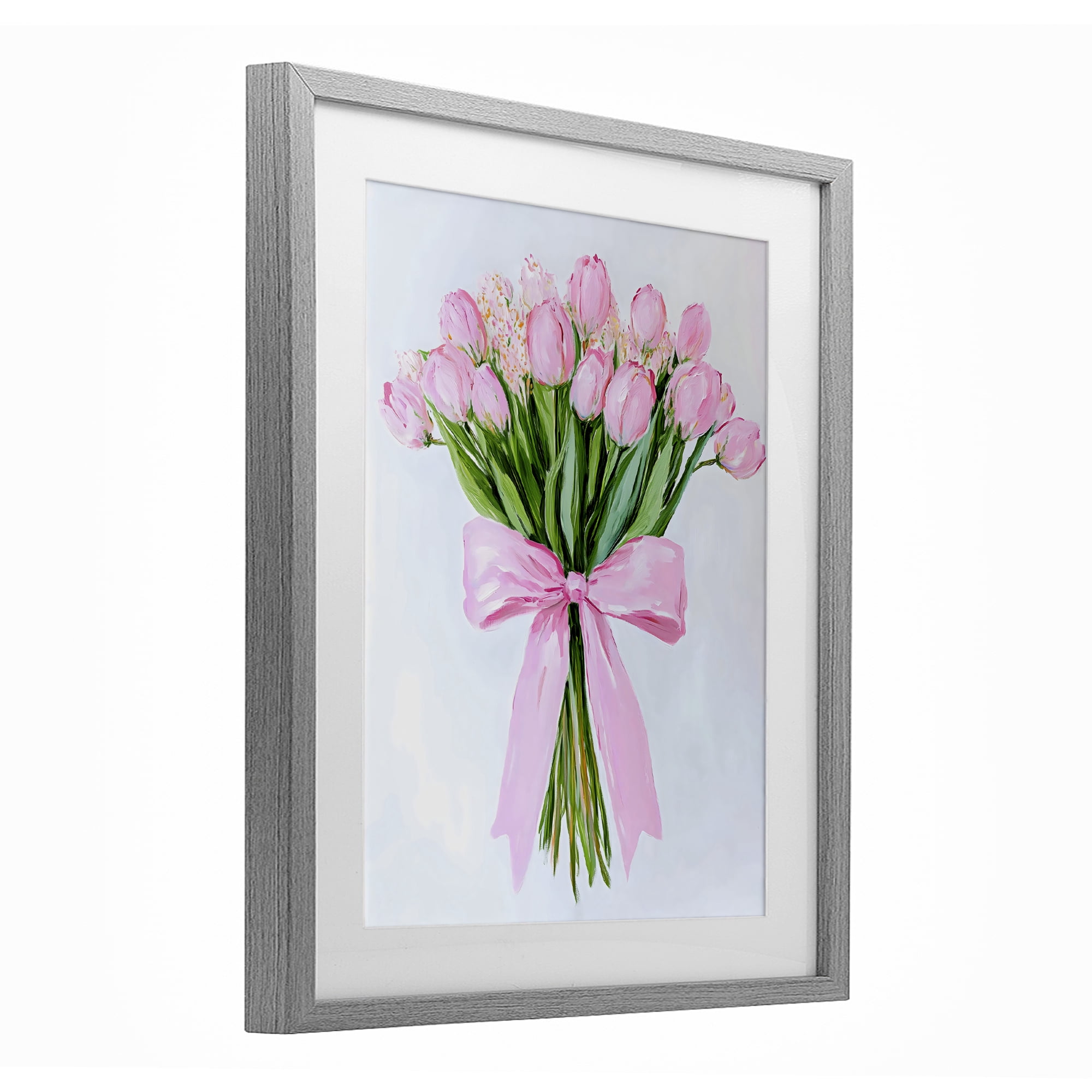 Stupell Industries Soft Pink Tulips with Ribbon Gray Framed Print Under Glass, design by The Prints Vibe