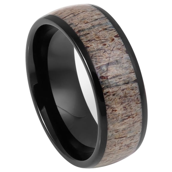 Black Plated Tungsten Deer Antler Center Dome Band Ring Size 7
