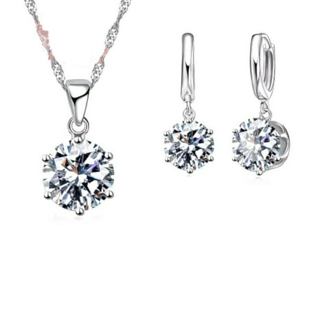 - Round 9 mm Cubic Zircon Sterling Silver with Necklace and Dangle Earrings Jewelry Set, SS-106