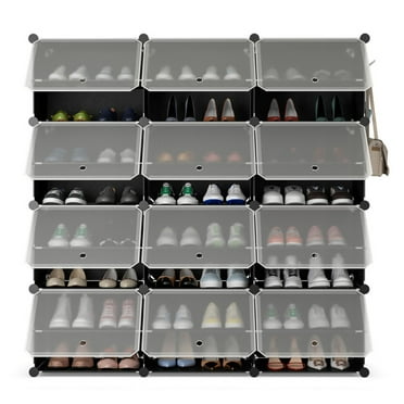 Spaco 12-Cube 48 Pairs Portable Shoe Shelves with Hook-Black, Shoe Storage Organizer for Entryway & Closet