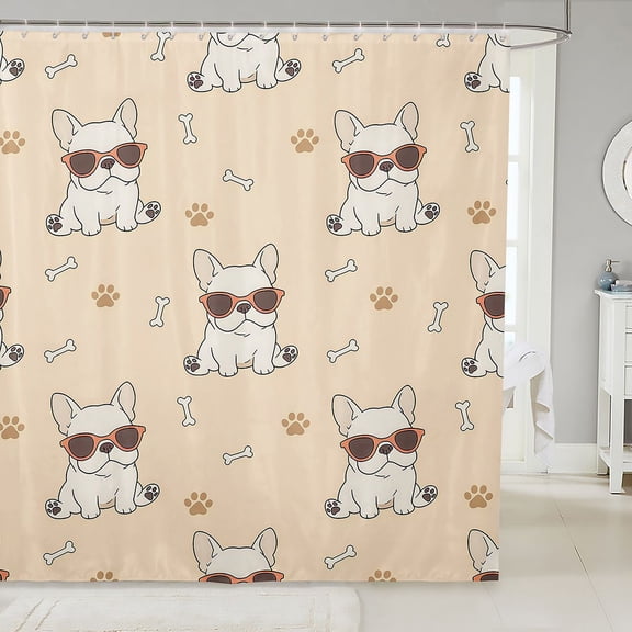 Manfei Sunglass French Bulldog Shower Curtain 72Wx72L, Cute Paw Bone Bathroom Curtain, Cream Beige