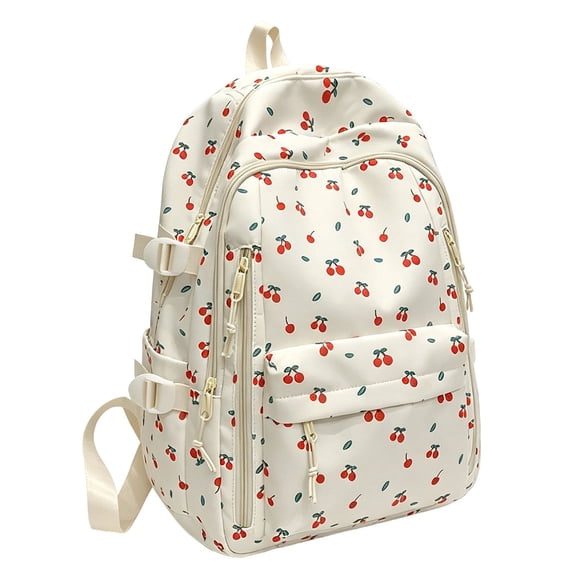 Cute Daypack Backpack, Floral Printed Bookbag, Kawaii Rucksack, Aesthetic Laptop Bookbag, Lightweight Fruity Cherry Print Carry Pack with Multi Pockets & Adjustable Shoulder Straps