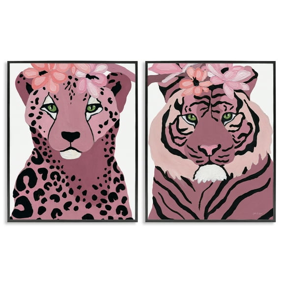 Stupell Industries Floral Cheetah Tiger Animals Painting Black Framed Art Print Wall Art, 11 x 14, Set of 2