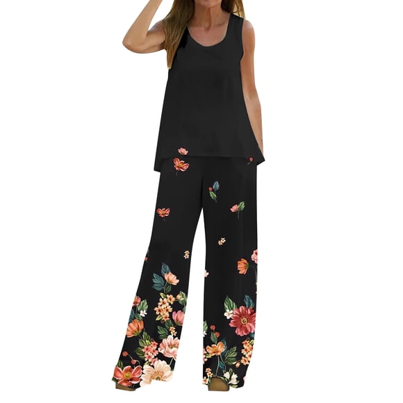 MSJUHEG Pantalons Larges pour Femmes Pantalons Femmes Ensemble 2 Pcs Boho Imprimé Débardeur Sans Manches Haut Ample Pantalons Larges Ensemble Deux Pièces Pantalons de Survêtement Femmes Noir L