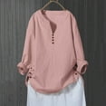 thumbnail image 2 of Yigetop Cotton Linen Tops for Women Women V-Neck Casual Button Long Sleeve Pullover Top T-Shirt Blouse Cotton Button Down Shirts for Women Pink 4XL, 2 of 3