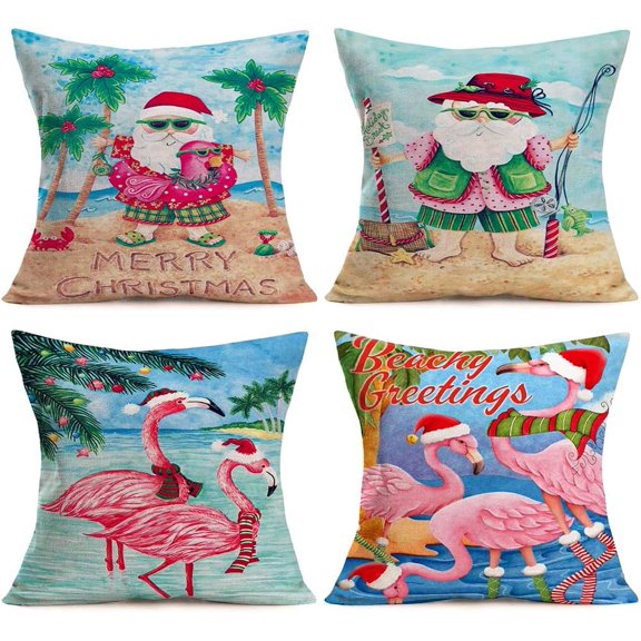 Pink Flamingo with Hat 4Pack Farmhouse Pillow Covers 18x18 Inch Cotton Linen Christmas Santa Decorative Pillow Cover Coastal Beach Greetings Pillow Case Outdoor Decor (P-C)