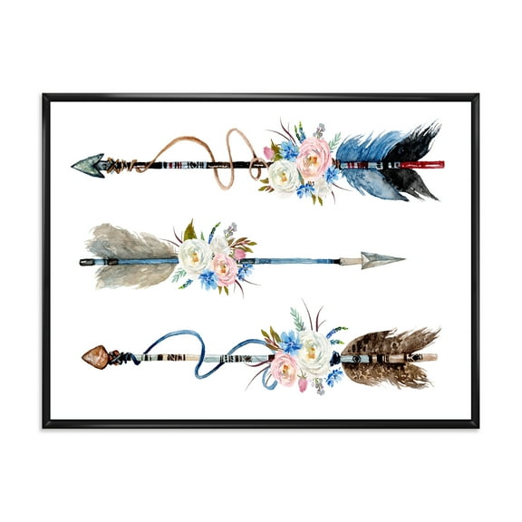 Designart 'Flowers and Ethnic Feathers On Native Arrows I' Bohemian & Eclectic Framed Canvas Wall Art Print