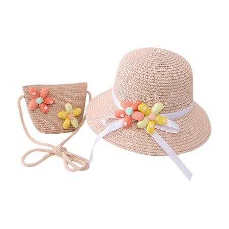 JAHH Straw Hat & Shoulder Bag Beach Set for Girls Kids  Wide Brim Sun Hat with Adjustable Chin Cord + Woven Tote Summer Outdoor Outfit Accessories