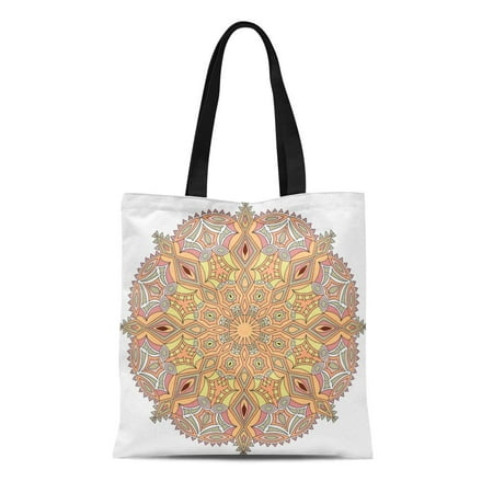 - ASHLEIGH Canvas Tote Bag Orange Abstract Tibetan Mandala Pastels Colors Round Circle Meditation Reusable Shoulder Grocery Shopping Bags Handbag