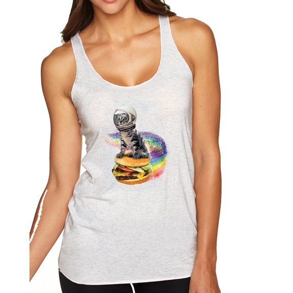 Wild Bobby, Funny Graphic Astronaut Cat in Space on Cheeseburger | Womens Cat Lover Premium Tri-Blend Racerback Tank Top, Heather White, Small