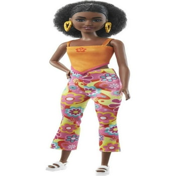 Barbie Fashionistas Doll #198 in Retro Floral Look with Petite Body, Curly Black Hair & Accessories