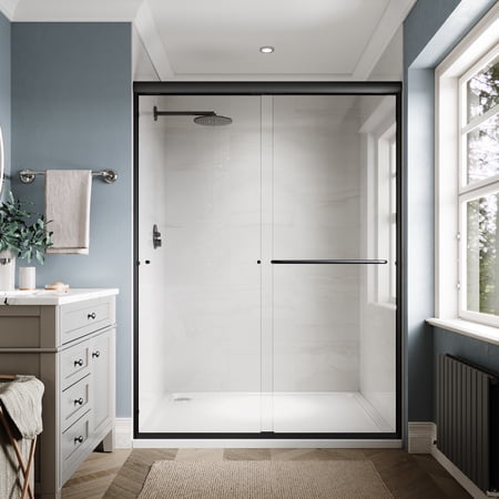 Sunny Shower Double Sliding Semi Frameless Sliding Black Shower Enclosure 54 in. W x 72 in. H