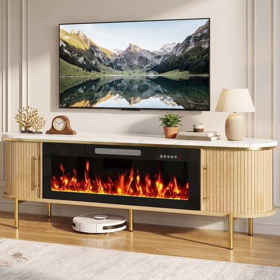 Waleaf 70" Fluted TV Stand with 40" Electric Fireplace, Mid Century Modern Entertainment Center for TVs Up to 80", Sliding Door Media Console for Living Room, Bedroom
